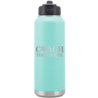 Personalized teal 32 oz vacuum insulated water bottle with 'Coach Cheer' design