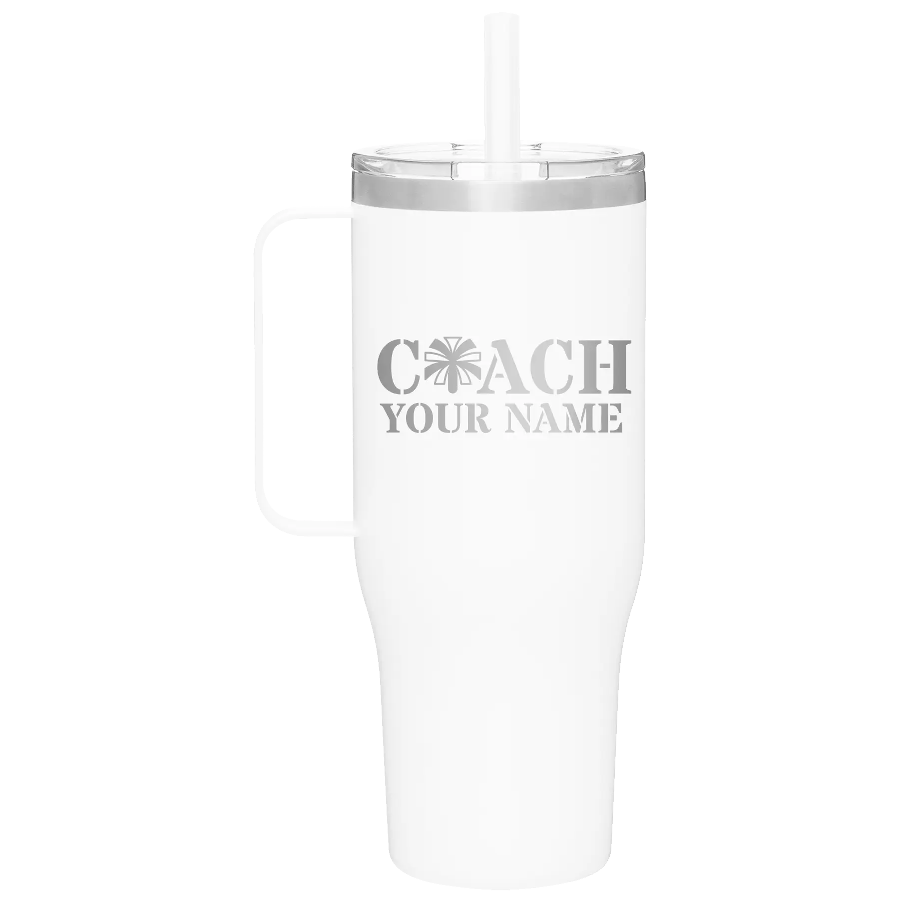 Personalized white 40 oz vacuum insulated tumbler mug with 'Coach Cheer' design
