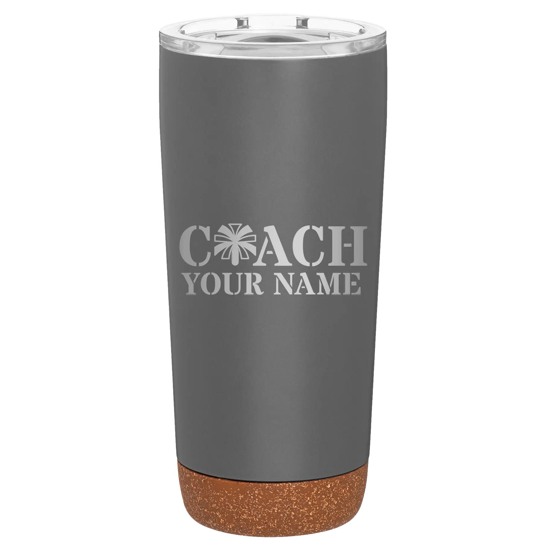 Personalized storm gray 20 oz vacuum insulated tumbler with 'Coach Cheer' design