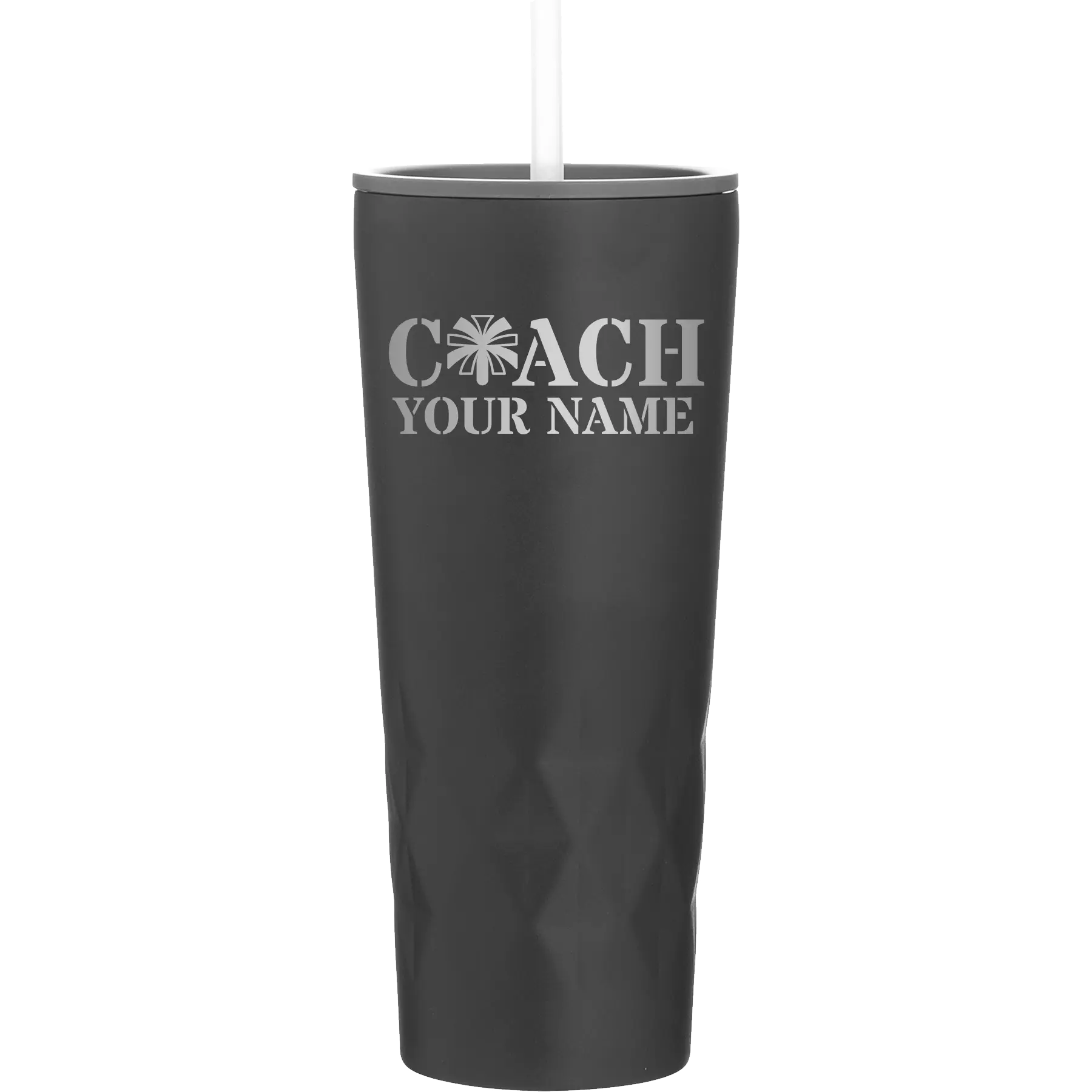Personalized black 20 oz vacuum insulated tumbler with 'Coach Cheer' design
