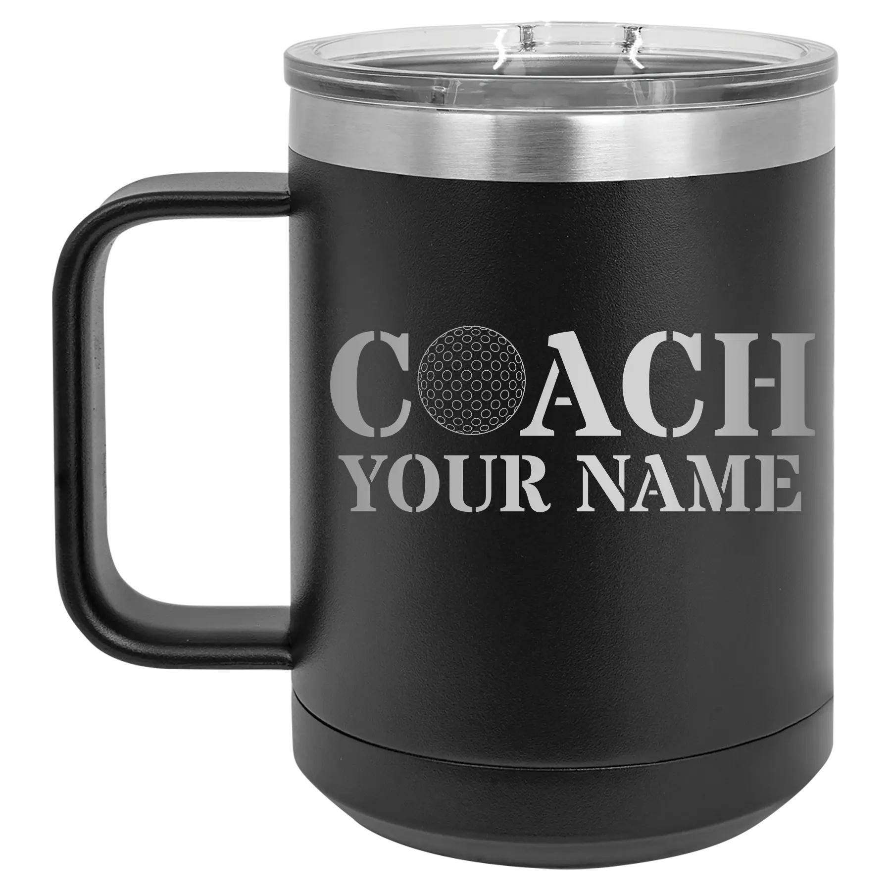 Personalized black 15 oz vacuum insulated coffee mug with 'Coach Golf' design