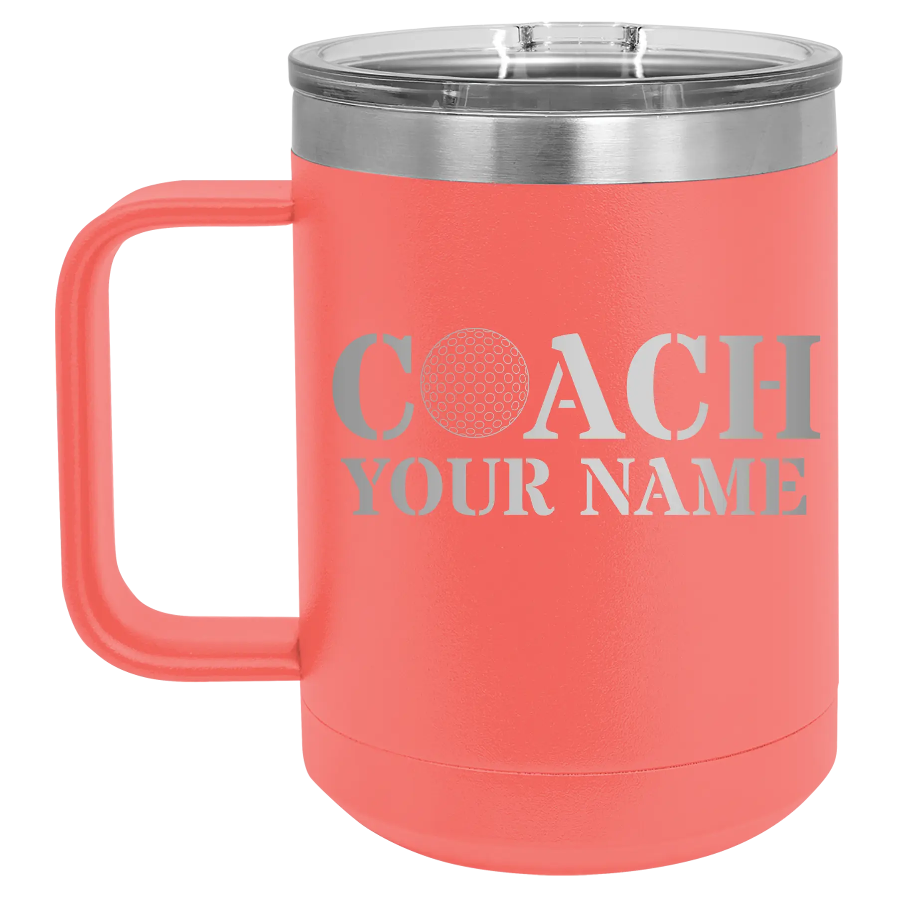 Personalized coral 15 oz vacuum insulated coffee mug with 'Coach Golf' design