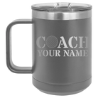 Personalized dark gray 15 oz vacuum insulated coffee mug with 'Coach Golf' design