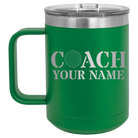 Personalized green 15 oz vacuum insulated coffee mug with 'Coach Golf' design