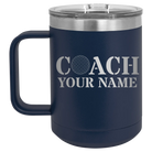 Personalized navy 15 oz vacuum insulated coffee mug with 'Coach Golf' design
