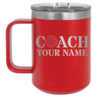 Personalized red 15 oz vacuum insulated coffee mug with 'Coach Golf' design