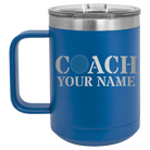 Personalized royal blue 15 oz vacuum insulated coffee mug with 'Coach Golf' design
