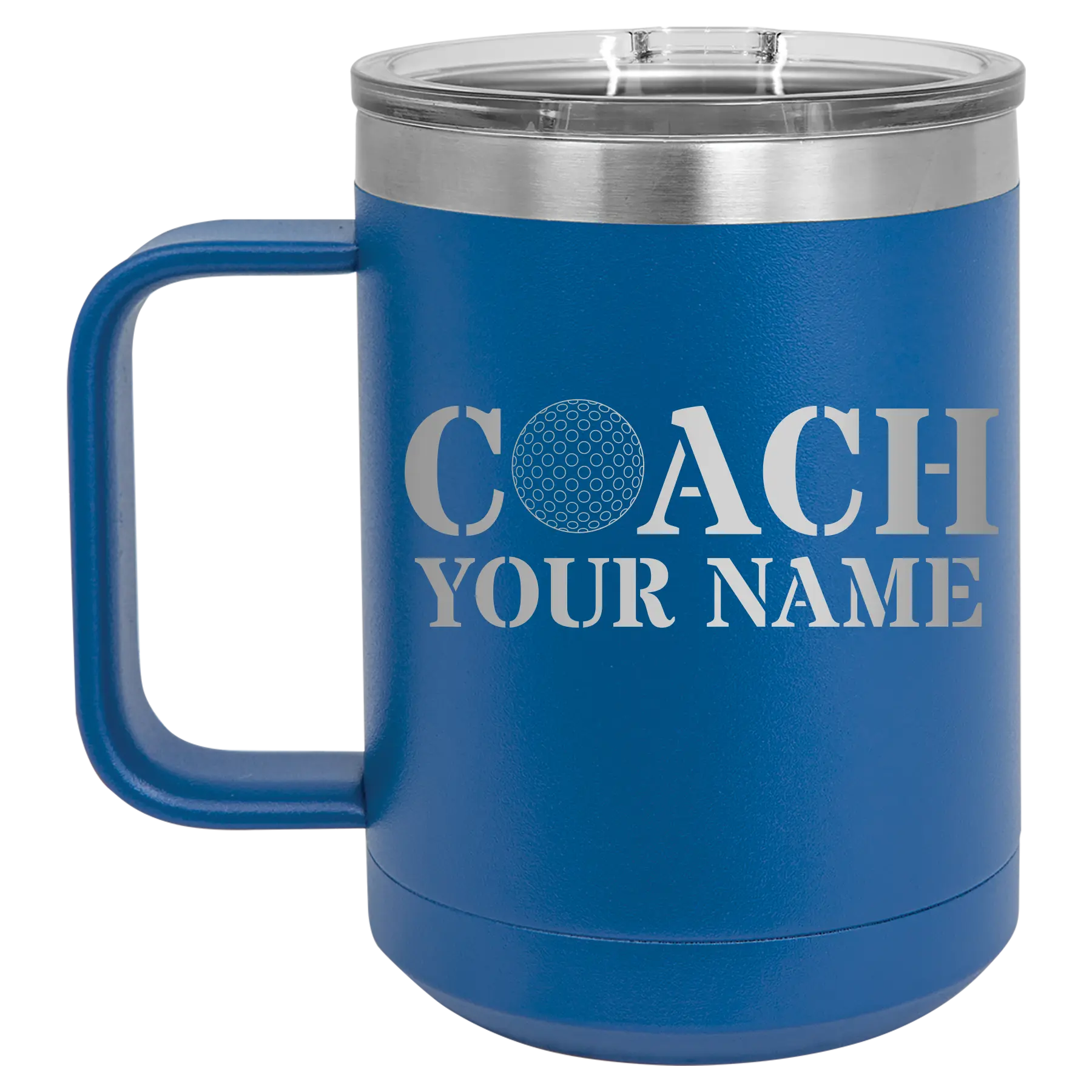 Personalized royal blue 15 oz vacuum insulated coffee mug with 'Coach Golf' design