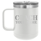 Personalized white 15 oz vacuum insulated coffee mug with 'Coach Golf' design
