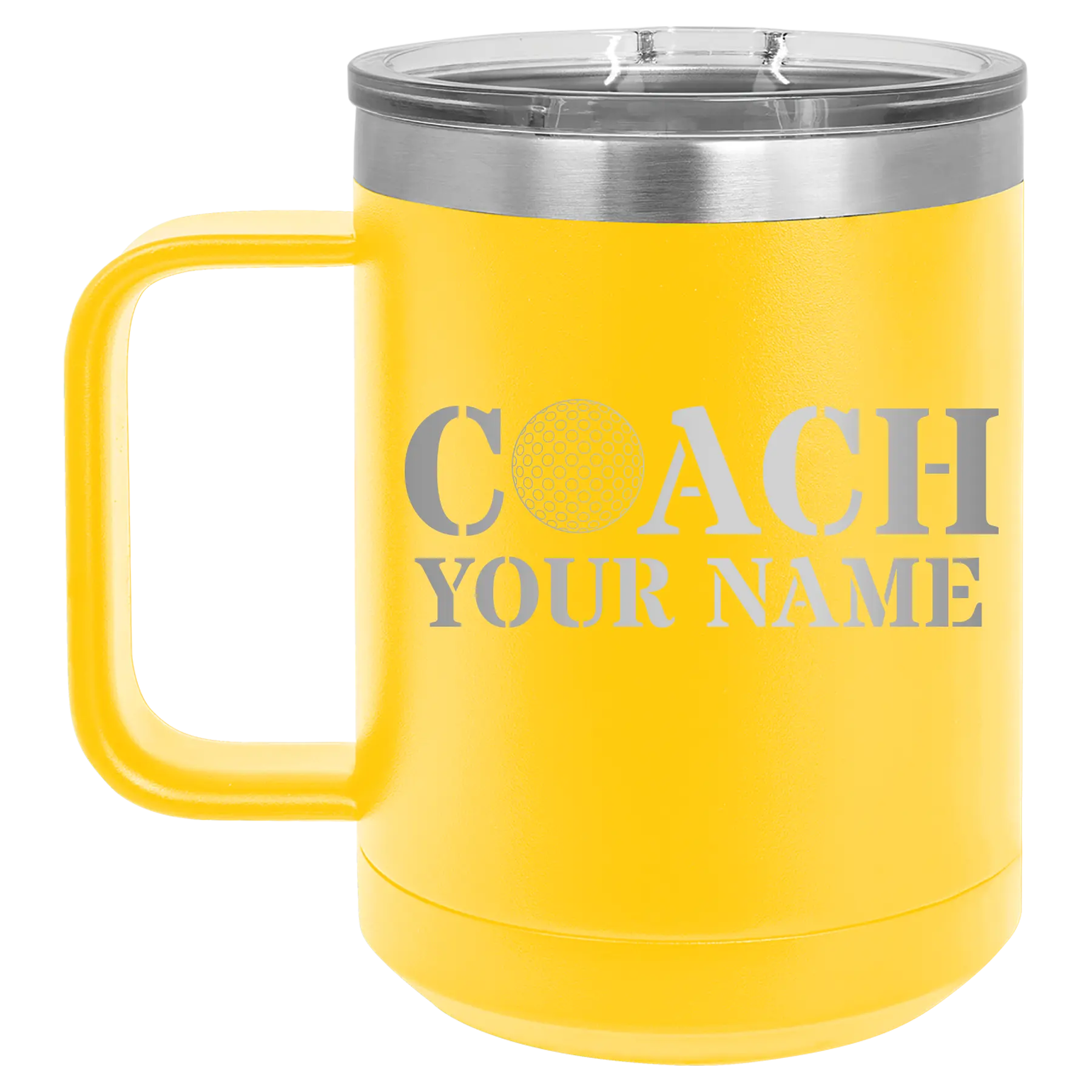 Personalized yellow 15 oz vacuum insulated coffee mug with 'Coach Golf' design