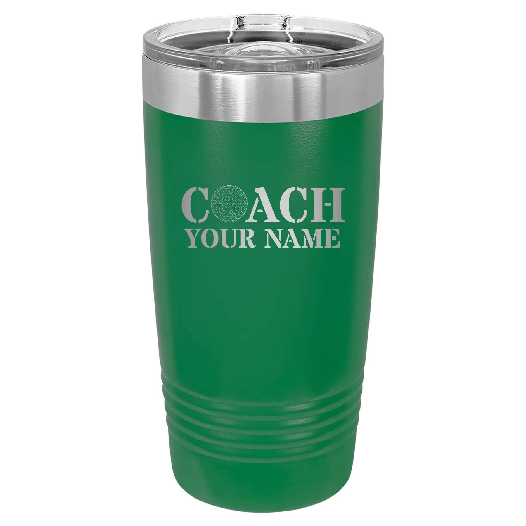 Personalized green 20 oz vacuum insulated tumbler with 'Coach Golf' design