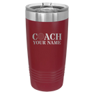Personalized maroon 20 oz vacuum insulated tumbler with 'Coach Golf' design