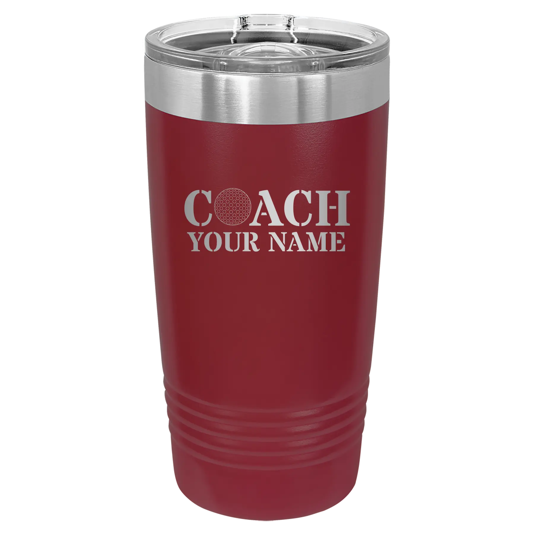 Personalized maroon 20 oz vacuum insulated tumbler with 'Coach Golf' design