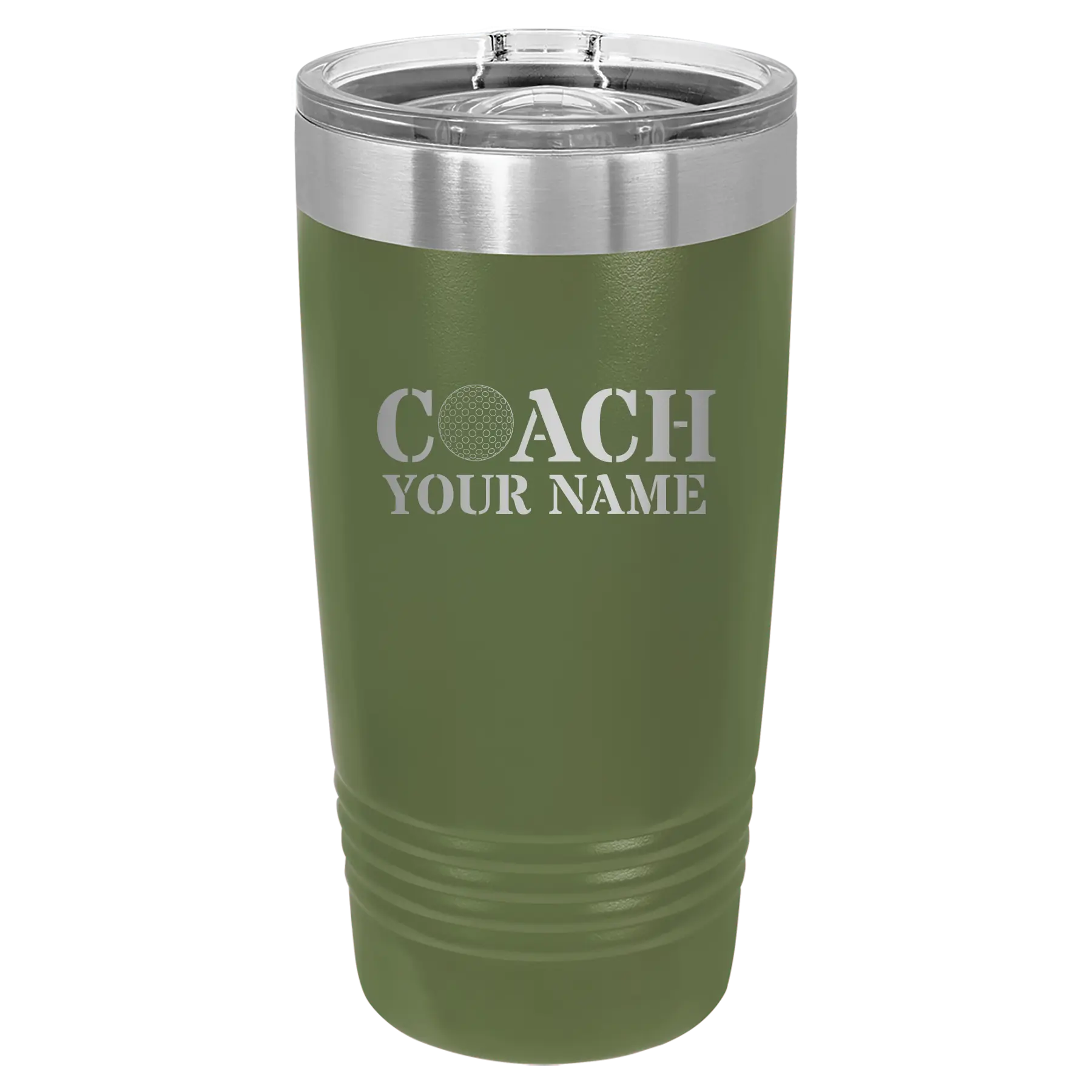 Personalized olive green 20 oz vacuum insulated tumbler with 'Coach Golf' design