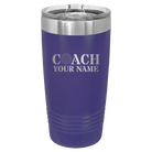 Personalized purple 20 oz vacuum insulated tumbler with 'Coach Golf' design