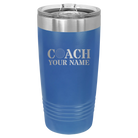 Personalized royal blue 20 oz vacuum insulated tumbler with 'Coach Golf' design