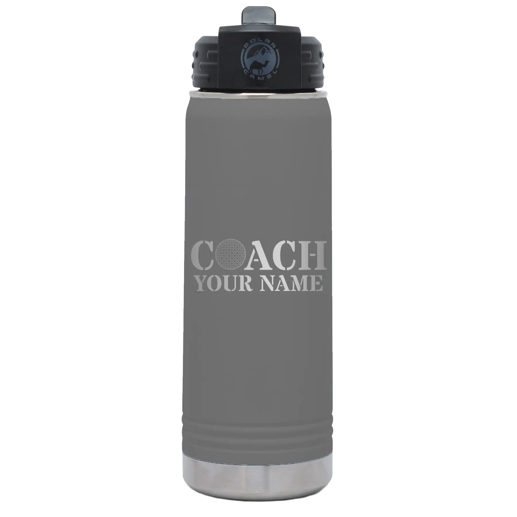 Personalized dark gray 20 oz vacuum insulated water bottle with 'Coach Golf' design
