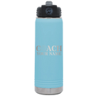 Personalized light blue 20 oz vacuum insulated water bottle with 'Coach Golf' design