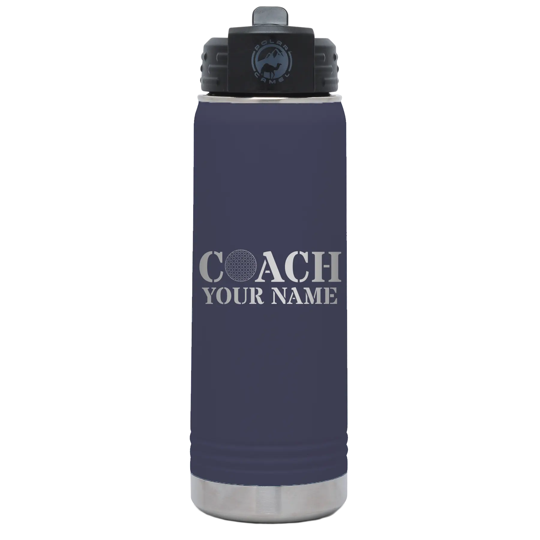 Personalized navy 20 oz vacuum insulated water bottle with 'Coach Golf' design