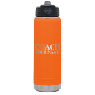 Personalized orange 20 oz vacuum insulated water bottle with 'Coach Golf' design