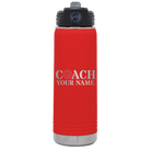 Personalized red 20 oz vacuum insulated water bottle with 'Coach Golf' design