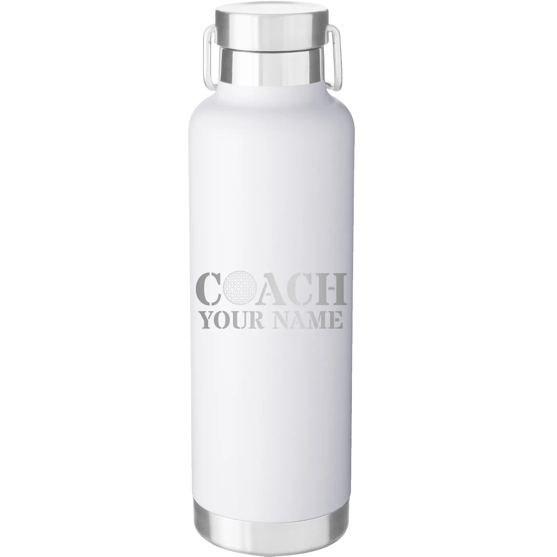 Personalized white 24 oz vacuum insulated water bottle with 'Coach Golf' design
