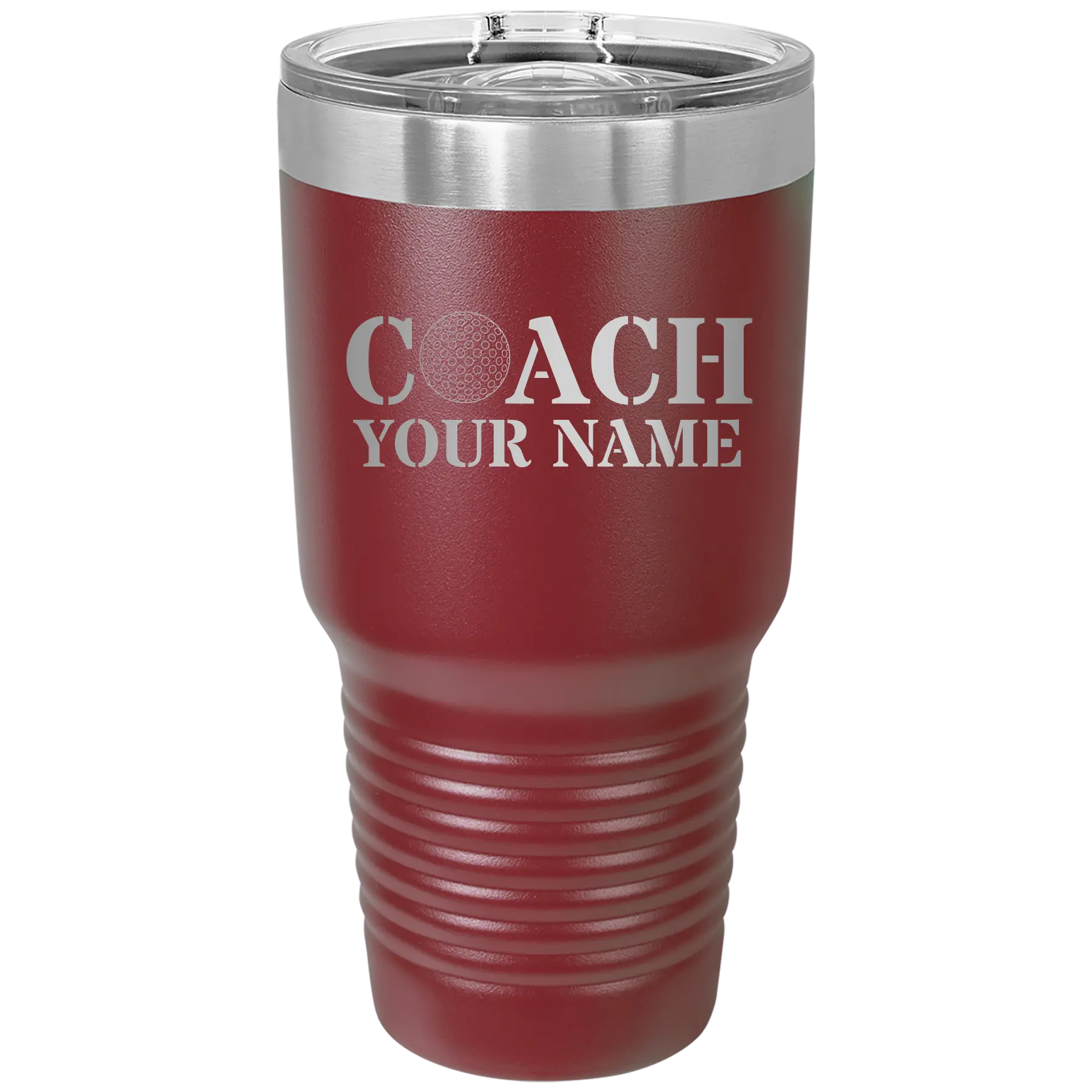 Personalized maroon 30 oz vacuum insulated tumbler with 'Coach Golf' design