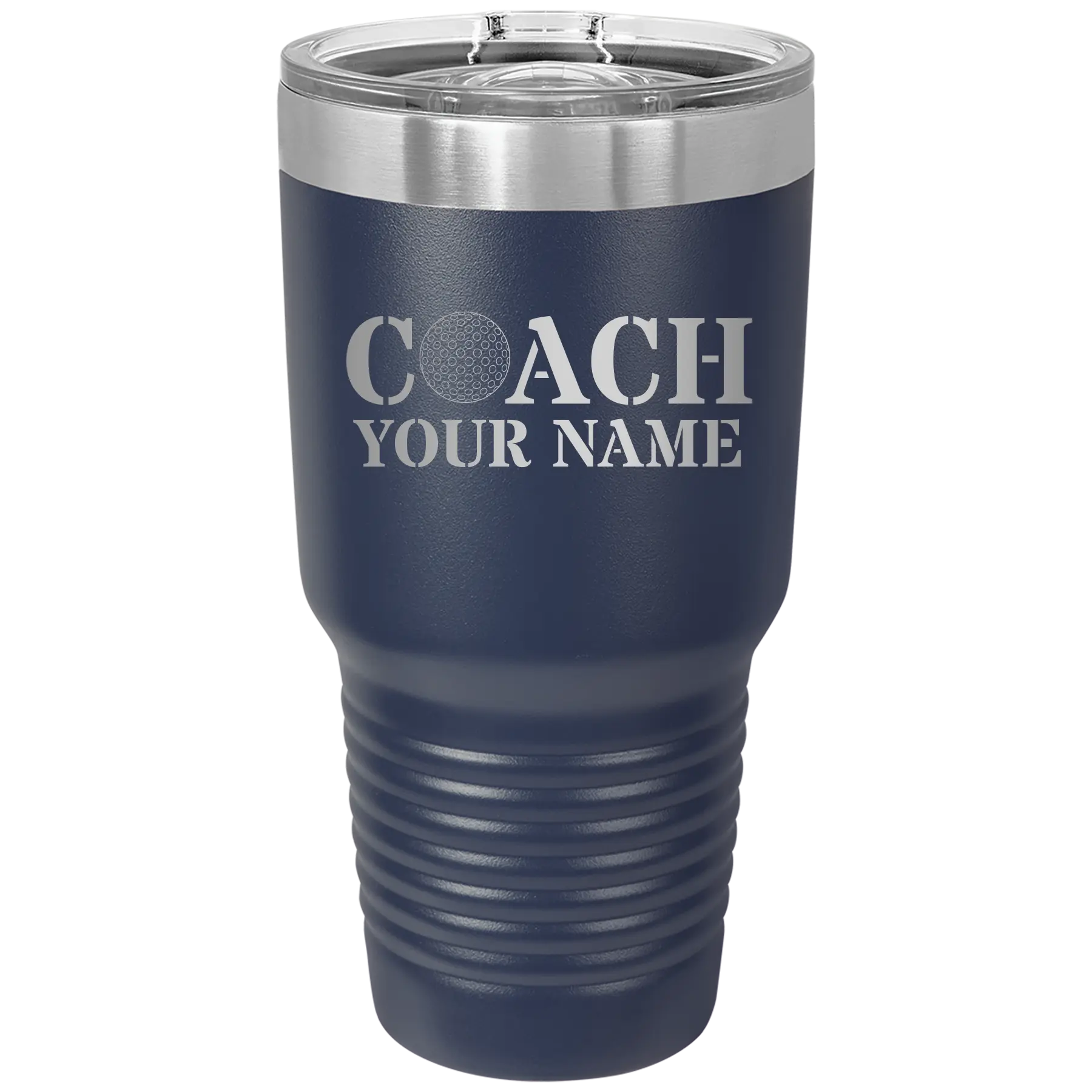 Personalized navy 30 oz vacuum insulated tumbler with 'Coach Golf' design
