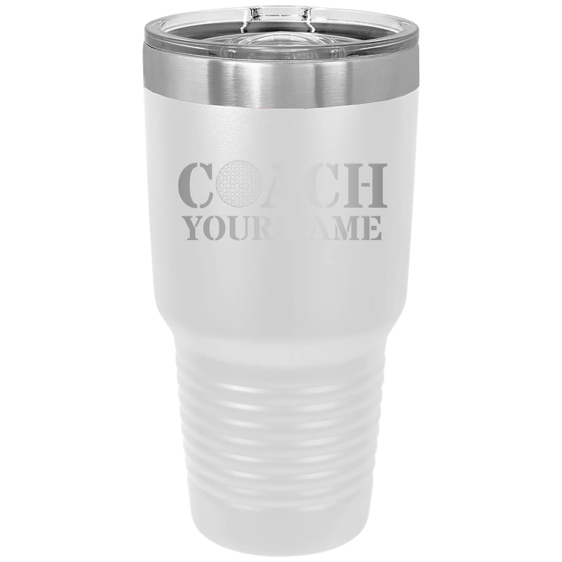 Personalized white 30 oz vacuum insulated tumbler with 'Coach Golf' design