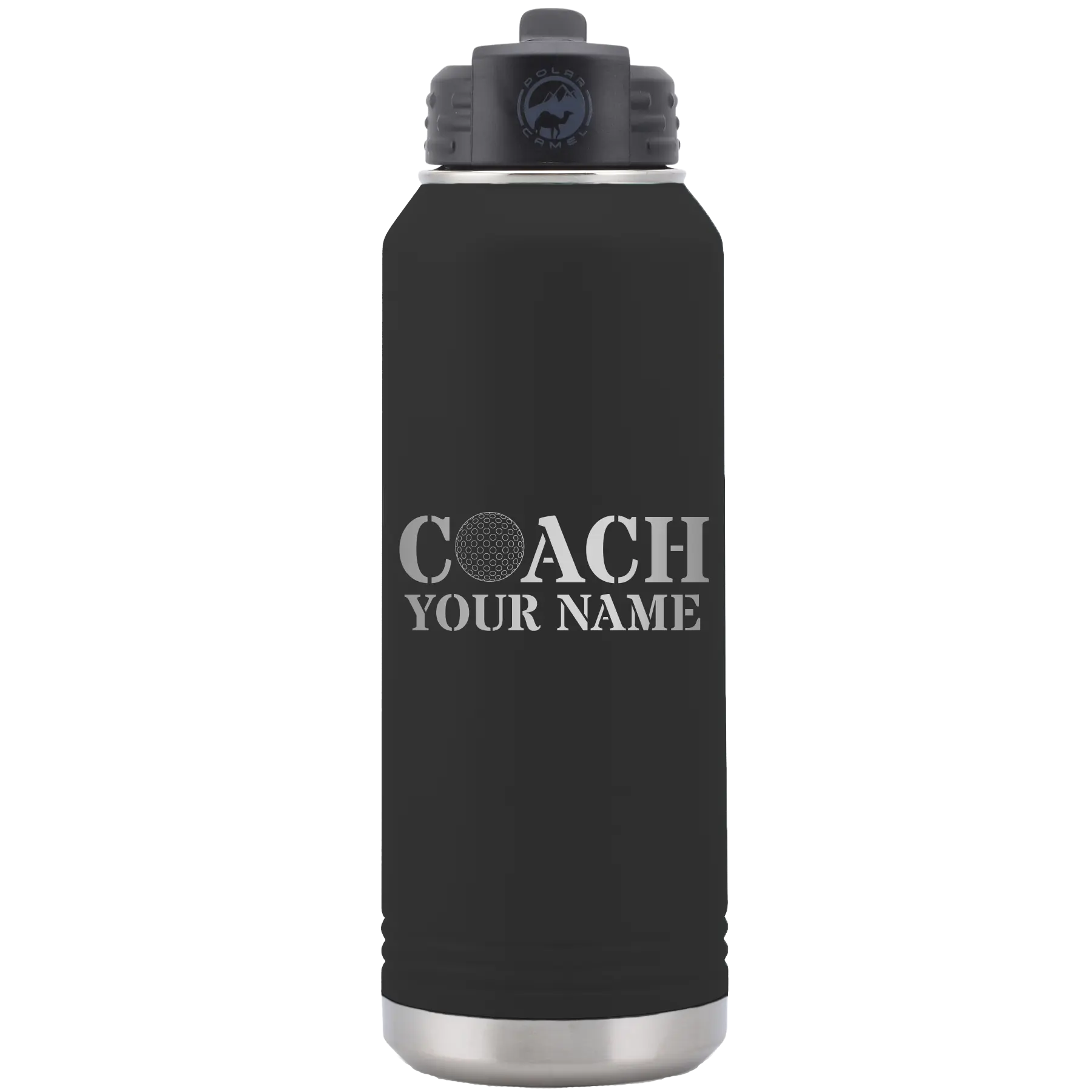 Personalized black 32 oz vacuum insulated water bottle with 'Coach Golf' design