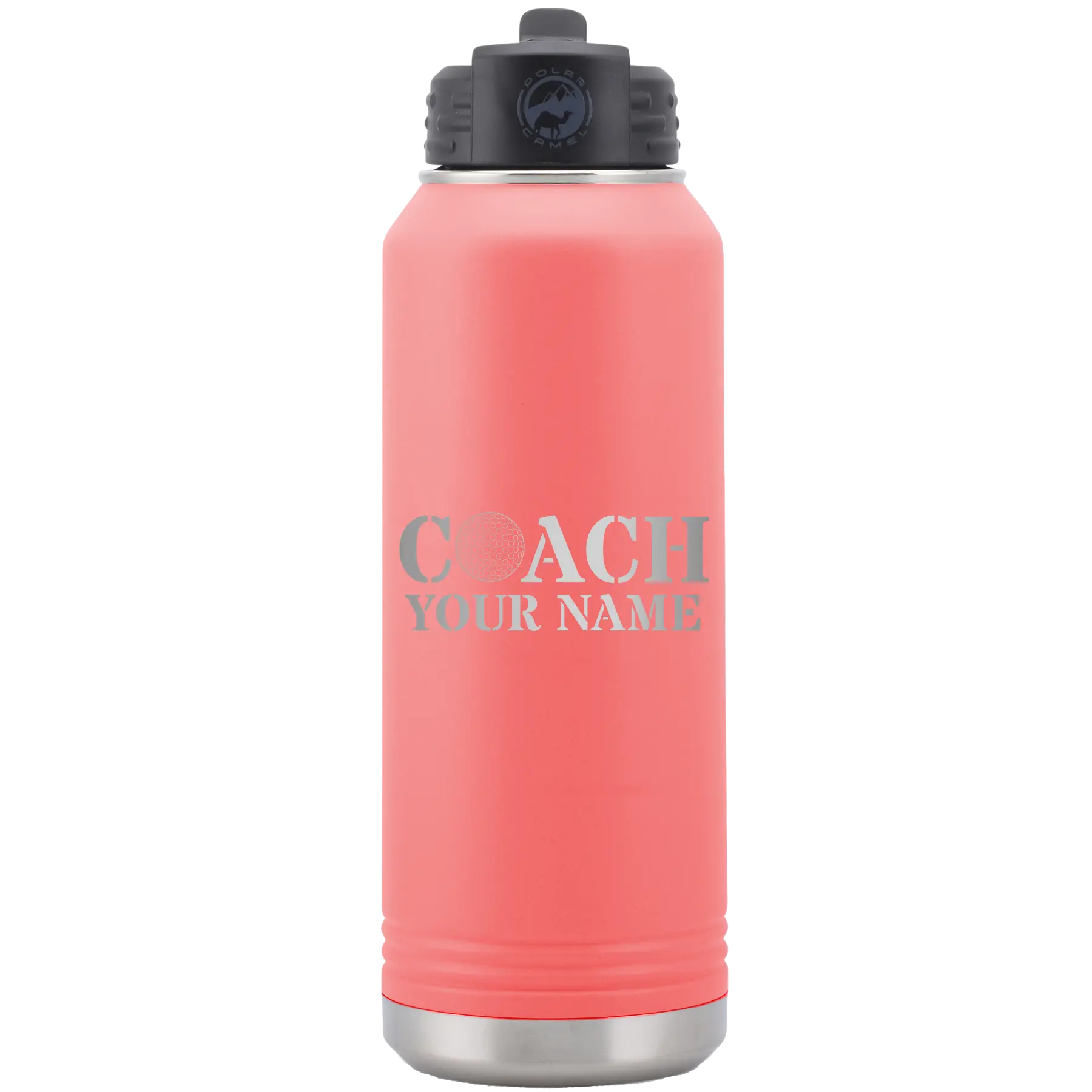 Personalized coral 32 oz vacuum insulated water bottle with 'Coach Golf' design