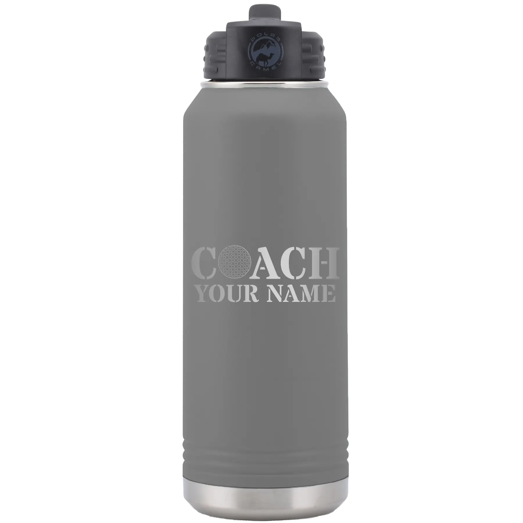 Personalized dark gray 32 oz vacuum insulated water bottle with 'Coach Golf' design