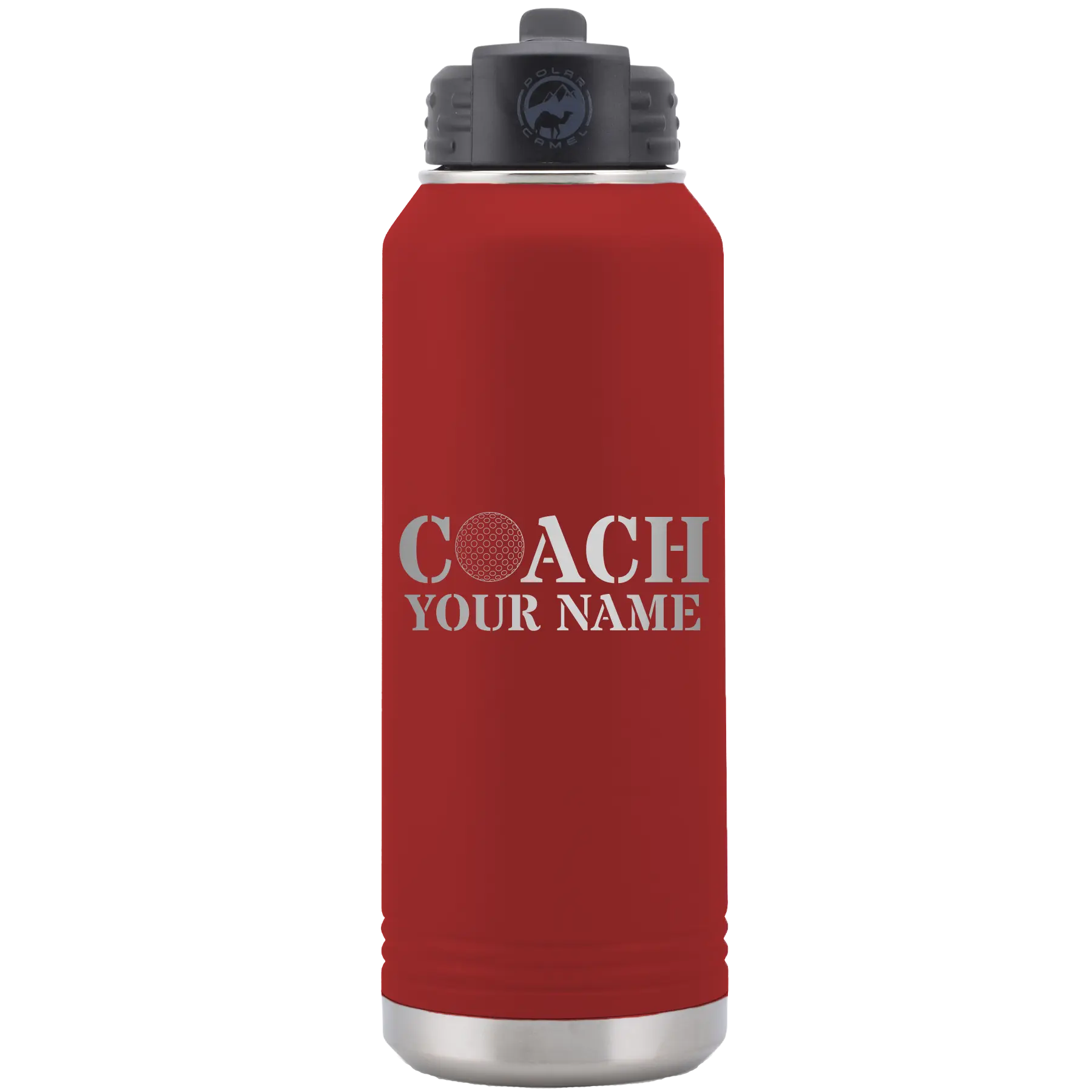 Personalized maroon 32 oz vacuum insulated water bottle with 'Coach Golf' design