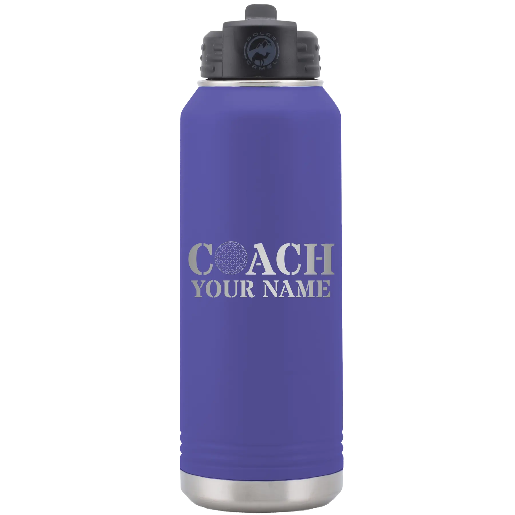 Personalized purple 32 oz vacuum insulated water bottle with 'Coach Golf' design