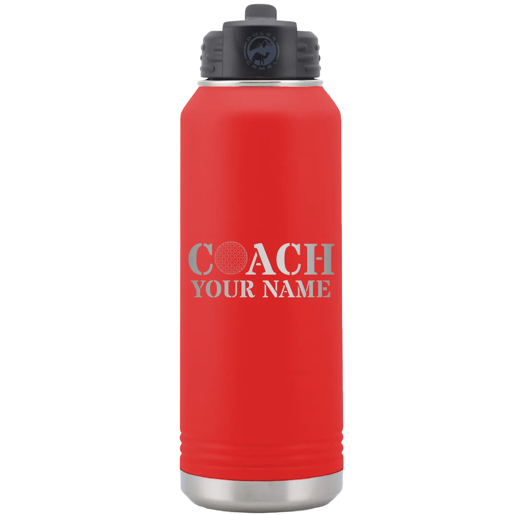 Personalized red 32 oz vacuum insulated water bottle with 'Coach Golf' design