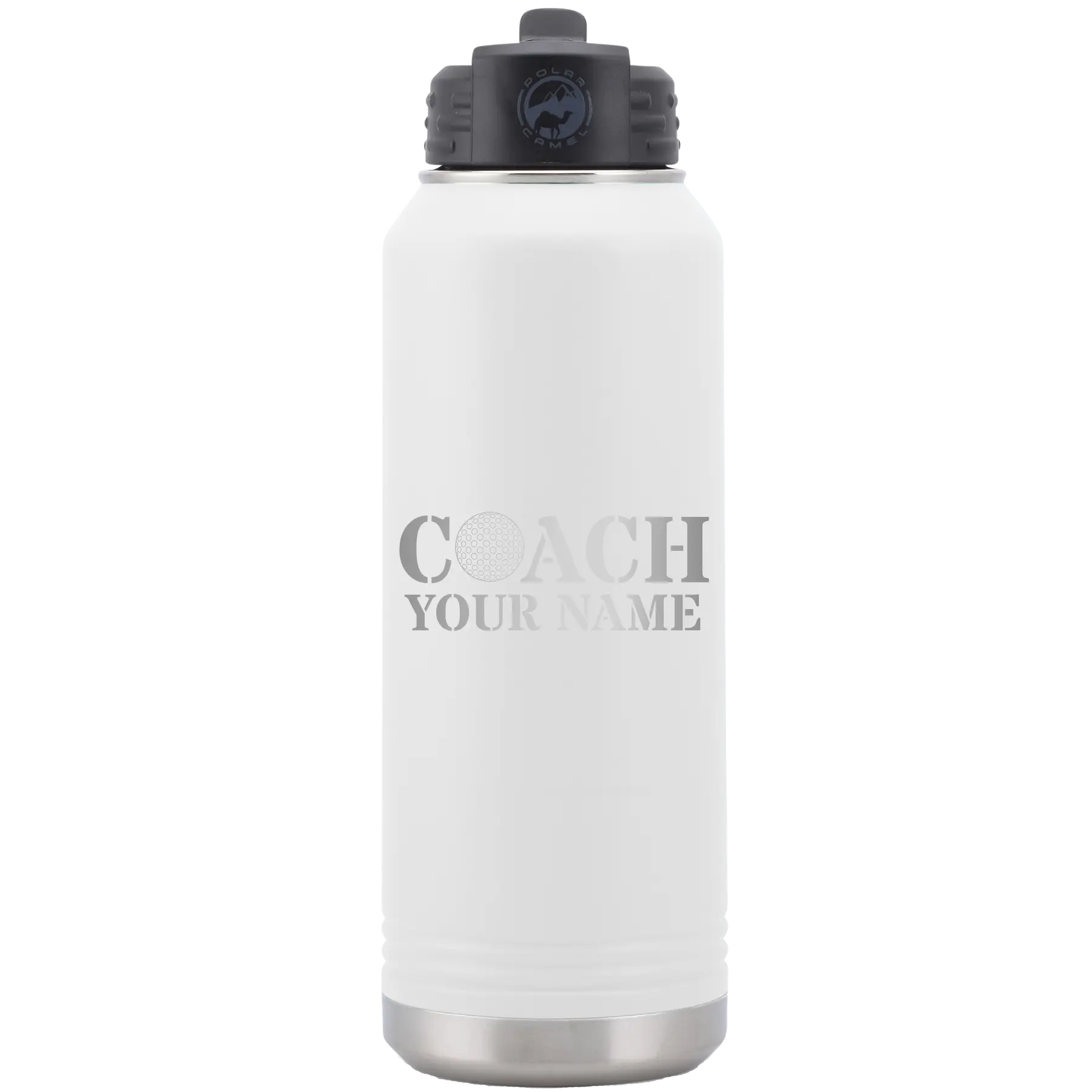 Personalized white 32 oz vacuum insulated water bottle with 'Coach Golf' design