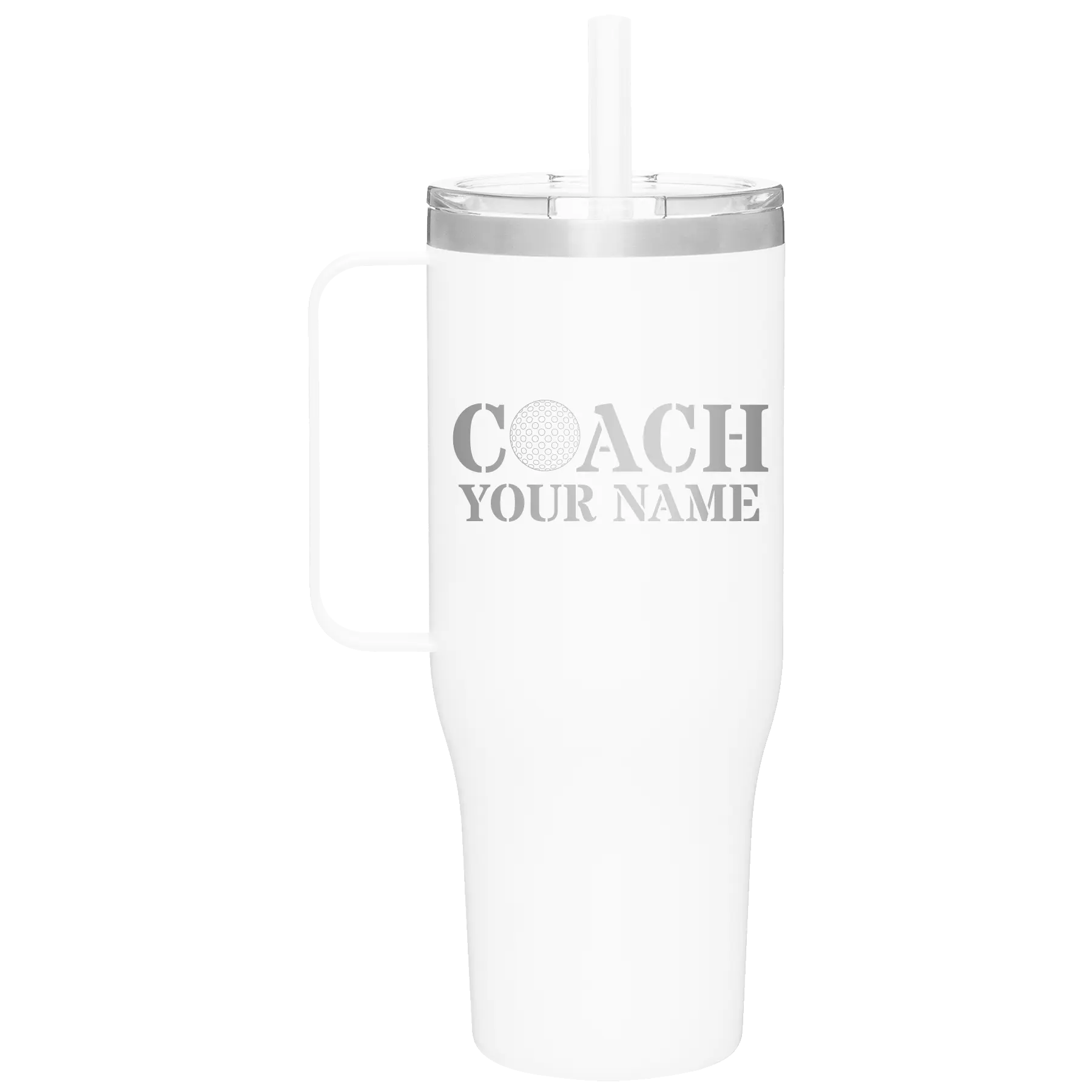 Personalized white 40 oz vacuum insulated tumbler mug with 'Coach Golf' design