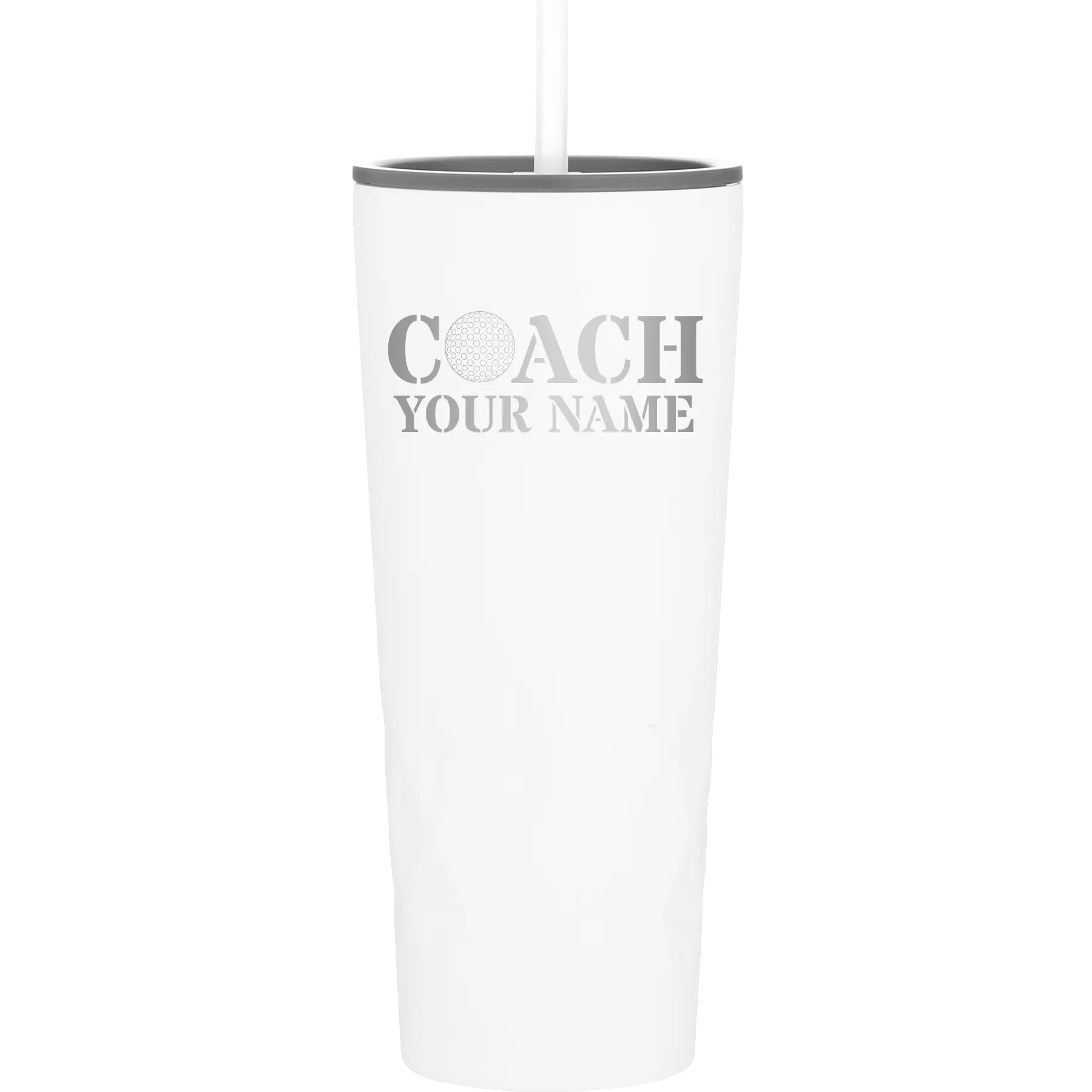 Personalized white 20 oz vacuum insulated tumbler with 'Coach Golf' design