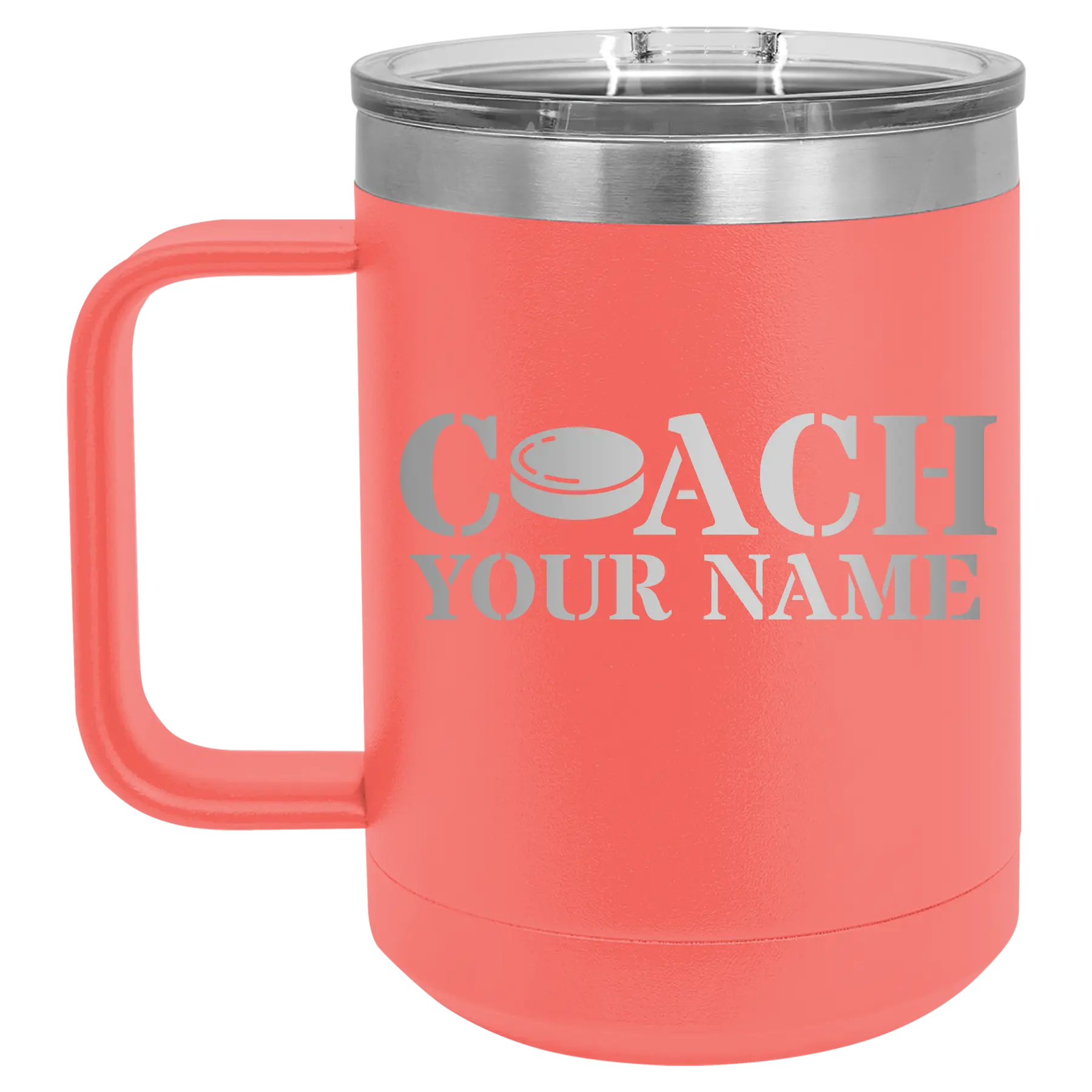 Personalized coral 15 oz vacuum insulated coffee mug with 'Coach Hockey' design