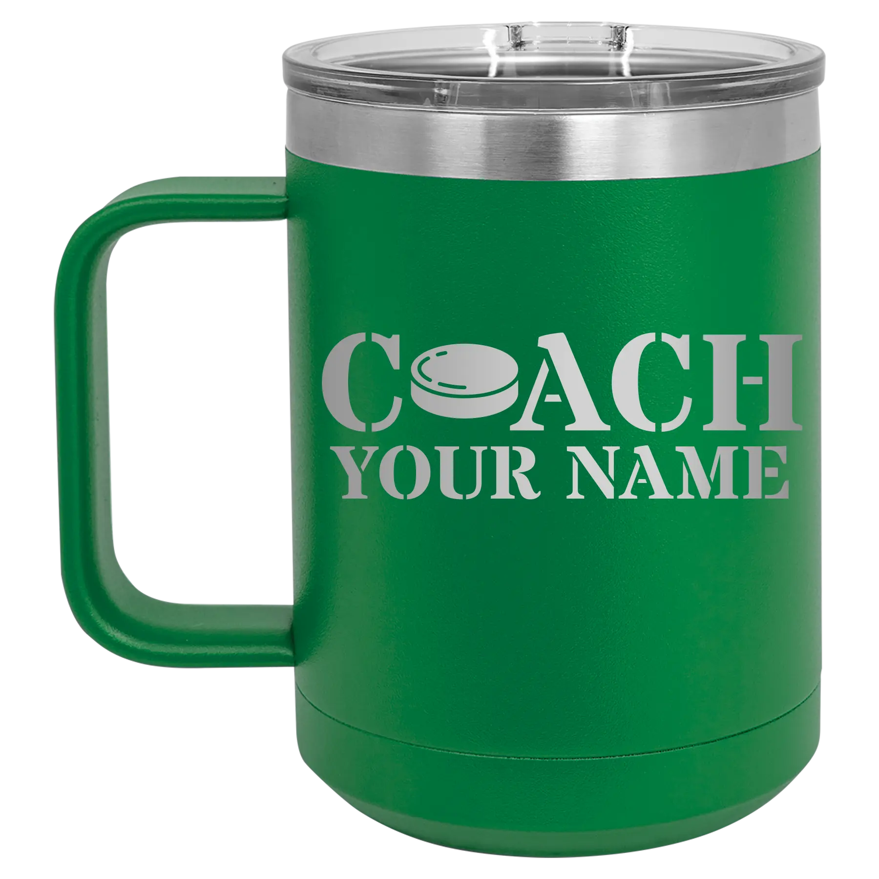 Personalized green 15 oz vacuum insulated coffee mug with 'Coach Hockey' design