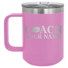 Personalized light purple 15 oz vacuum insulated coffee mug with 'Coach Hockey' design