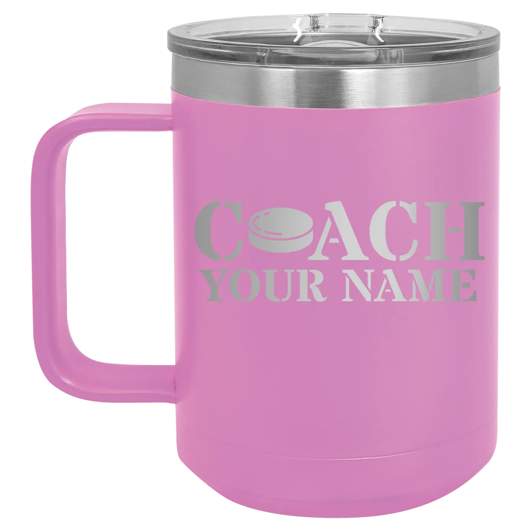 Personalized light purple 15 oz vacuum insulated coffee mug with 'Coach Hockey' design