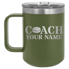 Personalized olive green 15 oz vacuum insulated coffee mug with 'Coach Hockey' design