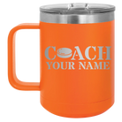Personalized orange 15 oz vacuum insulated coffee mug with 'Coach Hockey' design