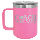 Personalized pink 15 oz vacuum insulated coffee mug with 'Coach Hockey' design