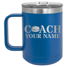 Personalized royal blue 15 oz vacuum insulated coffee mug with 'Coach Hockey' design