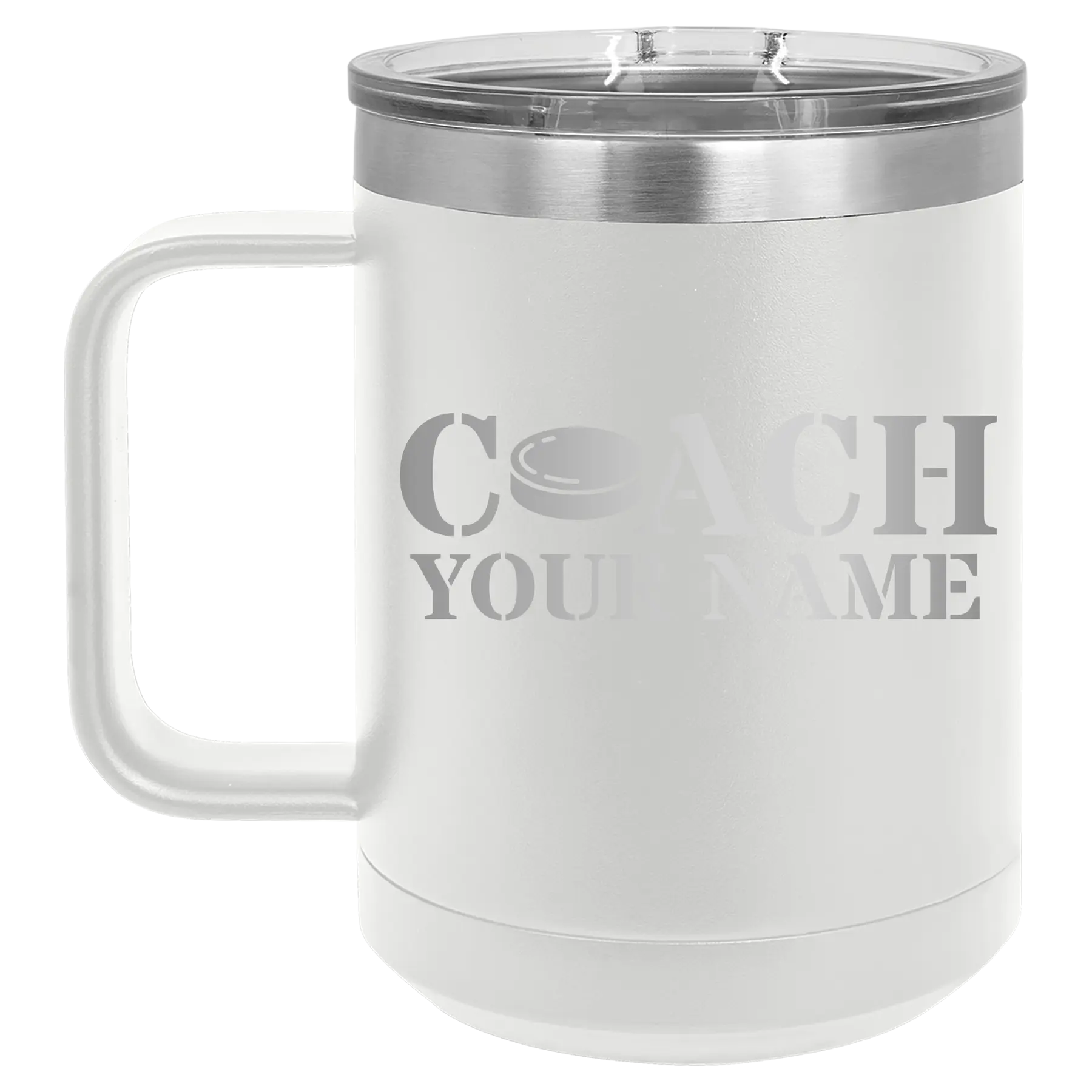 Personalized white 15 oz vacuum insulated coffee mug with 'Coach Hockey' design