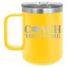 Personalized yellow 15 oz vacuum insulated coffee mug with 'Coach Hockey' design