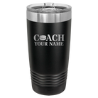 Personalized black 20 oz vacuum insulated tumbler with 'Coach Hockey' design