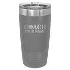 Personalized dark gray 20 oz vacuum insulated tumbler with 'Coach Hockey' design